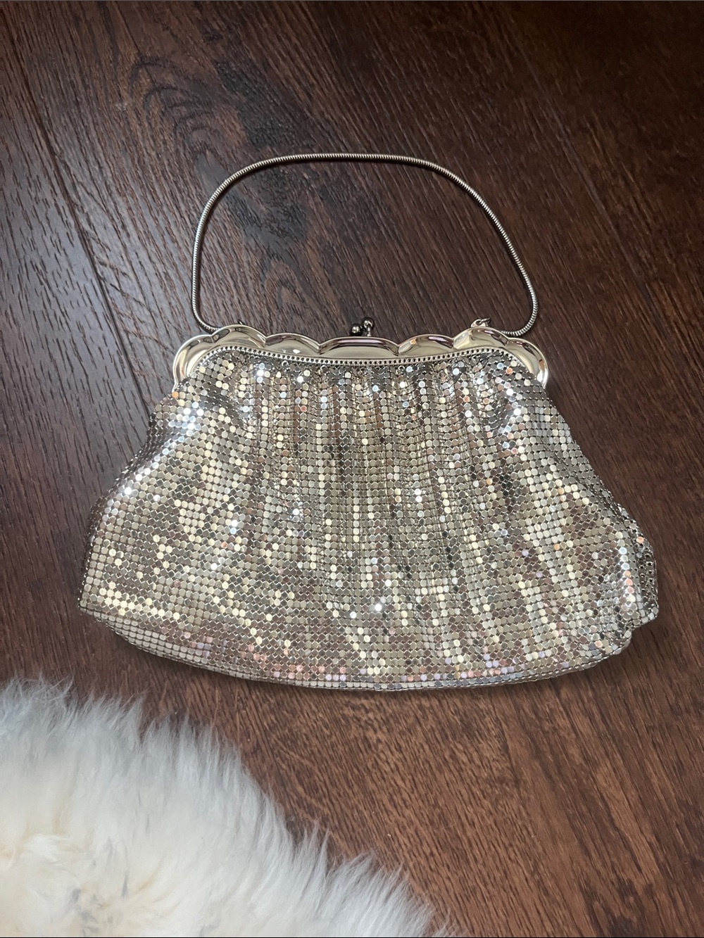 Whiting&Davis NEW ! Silver Beaded Evening Clutch with Scalloped Frame